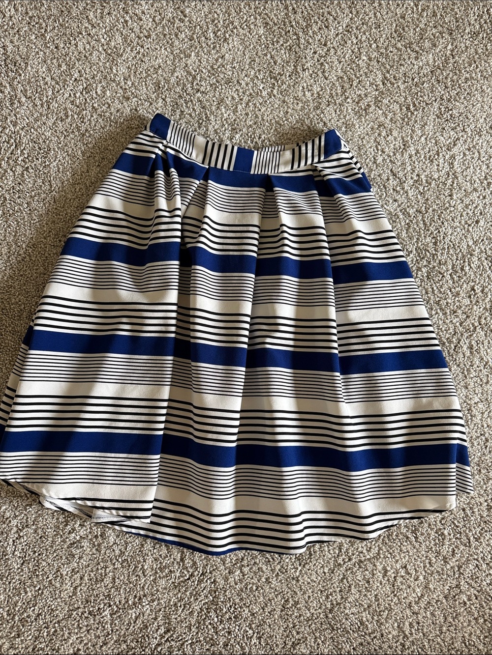 Navy and White Striped Pleated A-Line Skirt
